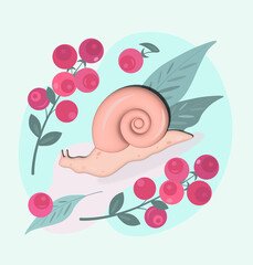 Snail creeps on a bush of berries. 3D visualization.