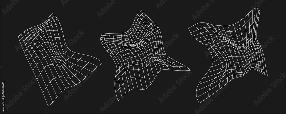 Poster cyber distorted grid, retro punk design element. wireframe wave geometry grid on black background. v