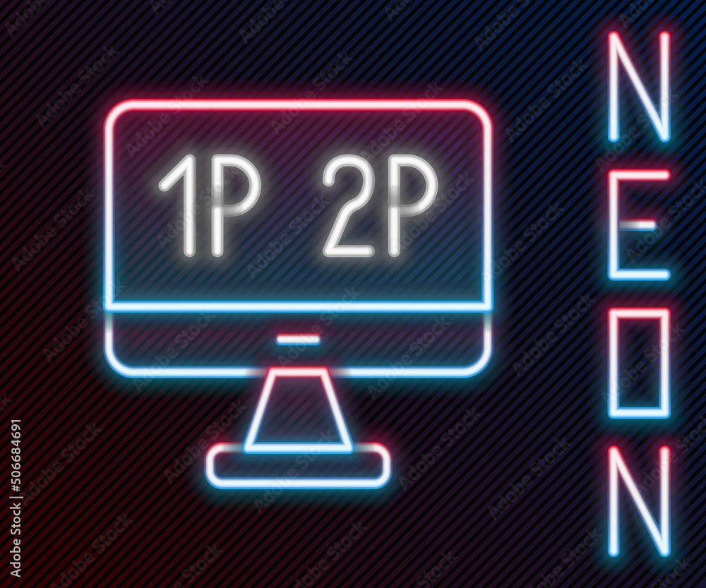 Poster glowing neon line computer monitor screen icon isolated on black background. electronic device. fron