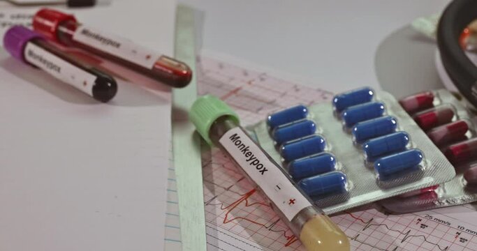 Medical equipment Monkeypox virus blood medical testing on microbiology lab phonendoscope, mask and gloves