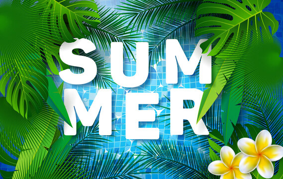 Summer Holiday Illustration with Water in the Tiled Pool Background and Flower. Summer Time Design with Tropical Plants and Palm Leaves for Banner, Flyer, Invitation, Brochure, Poster or Greeting Card