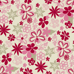 Floral seamless pattern on beige background red and pink flowers freehand drawing, vector illustration.