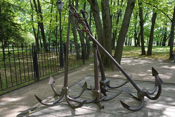 MOSCOW, RUSSIA - May 20, 2022. Monument in the form of ancient ship anchors on a pedestal