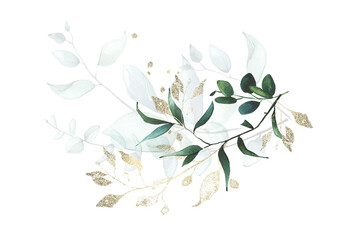 Fototapeta na wymiar Watercolor arrangement with blue, green, turquoise branches, leaves, gold dust graphic elements.
