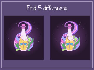Find 5 differences - children educational game with magic bottles with witch's potion. Vector illustration