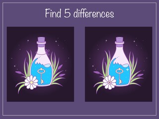 Find 5 differences - children educational game with magic bottles with witch's potion. Vector illustration