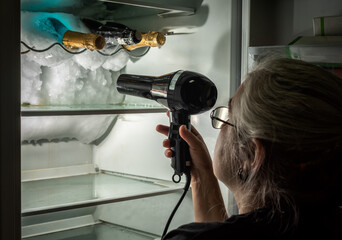Woman defrosting the inside of a fridge where there are some bottles, with the help of a hair dryer.