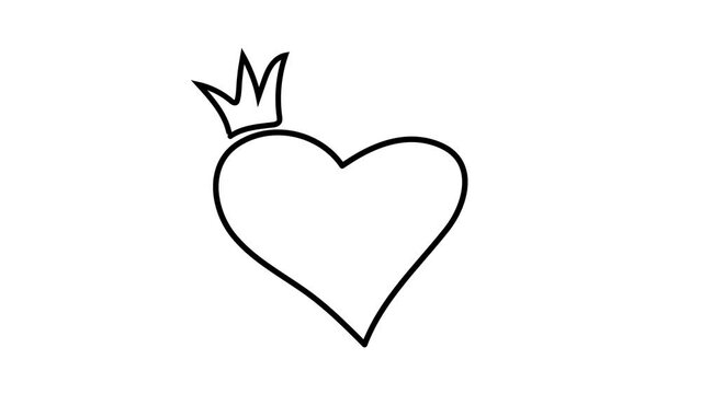 Crowned heart video in sketch style. King and queen signs, doodle wedding icon line clip.