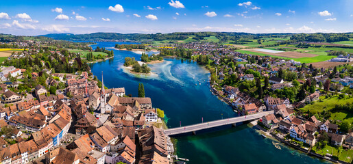 Aerial panoramic view of beautiful old town Stein am Rhein in Switzerland border with Germany....