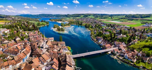 Fototapeten Aerial panoramic view of beautiful old town Stein am Rhein in Switzerland border with Germany. Popular tourist destination © Freesurf