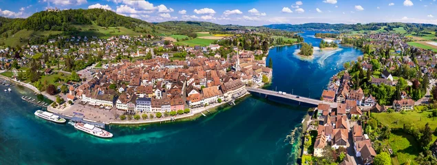 Poster Aerial panoramic view of beautiful old town Stein am Rhein in Switzerland border with Germany. Popular tourist destination © Freesurf