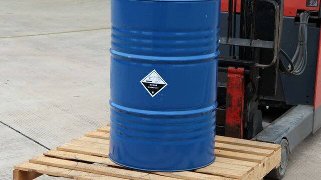 Corrosive chemical symbols on a blue chemical tank