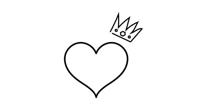 Crowned heart video in sketch style. King and queen signs, doodle wedding icon line clip.