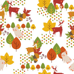 Seamless pattern. Animals in the autumn forest. Design for cover, fabric, wallpaper, wall. Roe deer and hares in the autumn forest.