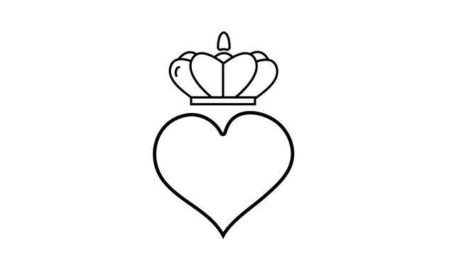 Crowned heart video in sketch style. King and queen signs, doodle wedding icon line clip.