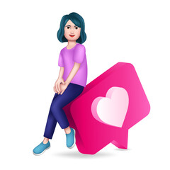Woman Sitting on the Like Icon. 3D Graphic Character. Vector illustration