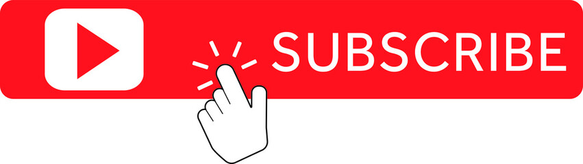 Red button subscribe of channel with hand cursor. Subscribe button in flat style. Label subscribe for video channel for website.