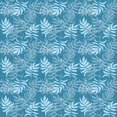Fototapeta na wymiar Abstract tropical foliage background in pastel blue colors. Palm leaves line art seamless pattern. Creative tropics illustration for swimwear design, wallpaper, textile. Vector art