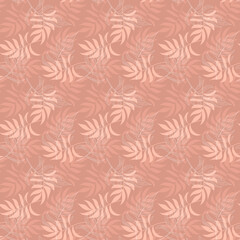 Fototapeta premium Abstract tropical foliage background in rose pink blush. Seamless background of line palm leaves. Creative illustration of the tropics for the design of swimwear, wallpapers, textiles. Vector art