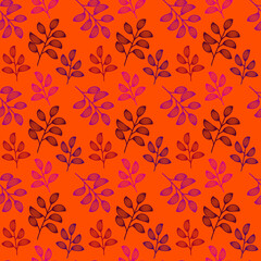 Packing colorful tea leaves pattern seamless vector. Minimal tea plant bush leaves floral textile ornament. Herbal sketchy seamless background with elements of nature on an orange background. Modern w