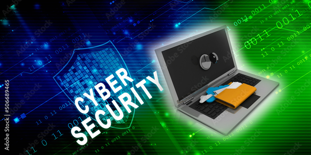 Poster 3d rendering folder on laptop with key protection