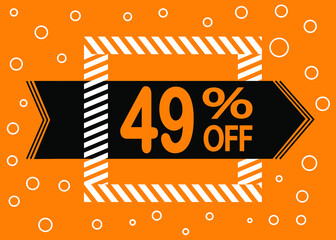 49% off sale. Discount price. Discounted special offer announcement. Banner orange, black and white.