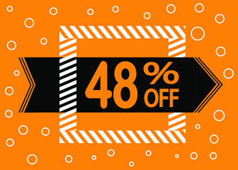 48% off sale. Discount price. Discounted special offer announcement. Banner orange, black and white.