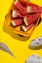 Fototapeta na wymiar Fresh watermelon slices with sunlight on box container