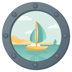 Illustration of the sailboat in the sea from the ship illuminator. 