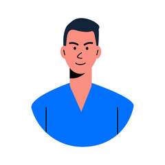 Avatar of Asian man with dark hair and blue sweater, vector illustration