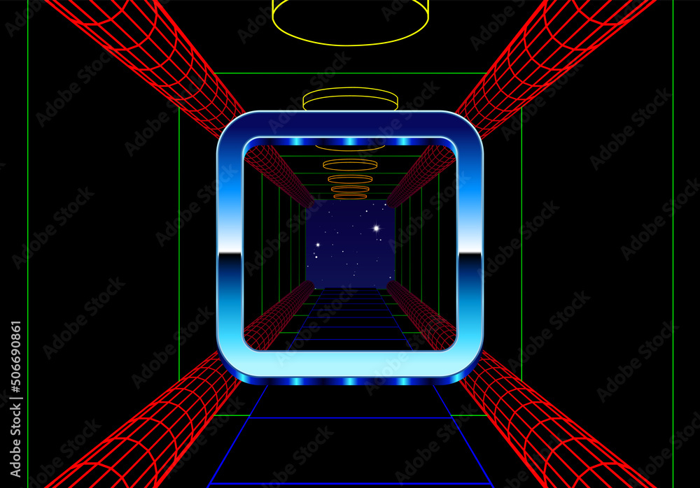 Poster synthwave frame with chrome square and 80s styled synthwave arcade game landscape.