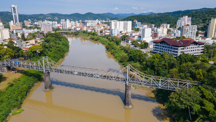 Aerial images of Blumenau City Hall and iron bridge in Santa Catarina