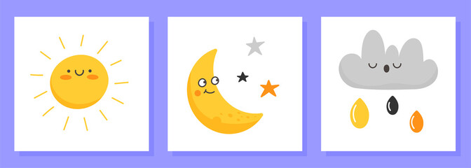 Three posters for a children's room. Stickers with the image of the sun, month, rain cloud. Faces with emotions. Isolated image on a white background.