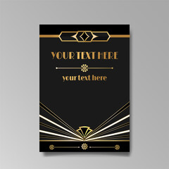Art Deco template golden-black floral pattern, A4 page, menu, card, invitation, Sun and lights in a Art Deco and Art Nuevo style,