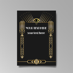 Art Deco A4 page template, retro style for web and print, city and the lights pattern with golden lines.
