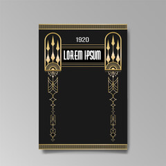 Art Deco template golden-black floral pattern, A4 page, menu, card, invitation, Sun and lights in a Art Deco and Art Nuevo style,