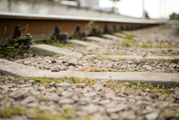 Fototapeta premium Railway track on steel bridge, shallow depth of field 