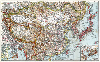 Map of China and Japan. Publication of the book "Meyers Konversations-Lexikon", Volume 2, Leipzig, Germany, 1910