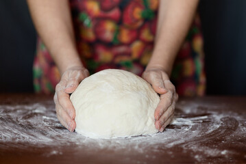Female hands making dough. Dough kneading process. Dough based on natural sourdough. Wheat dough. Fermentation.	