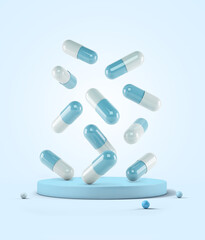 Medicine capsules falling on a pedestal on blue background