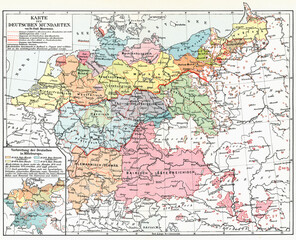 Fototapeta na wymiar Map of Germany showing regions with different dialects of the German language. Publication of the book 