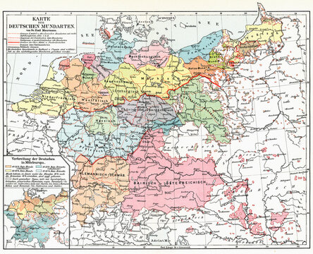 Map of Germany showing regions with different dialects of the German language. Publication of the book "Meyers Konversations-Lexikon", Volume 2, Leipzig, Germany, 1910