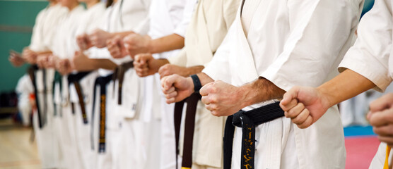 Karate master in a white kimono and with a black belt, stands in front of the formation of his students. Martial arts school in training in the gym. © Aleksandr Rybalko