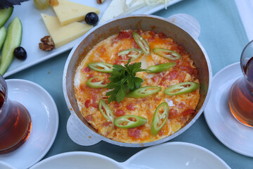 Organic, fresh traditional turkish village breakfast on wooden table