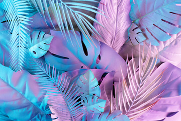 Creative jungle neon color layout made of tropical leaves. Flat lay fluorescent colors. Nature...