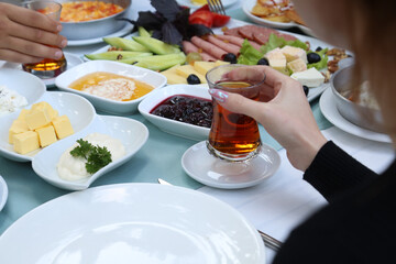 Organic, fresh traditional turkish village breakfast on wooden table
