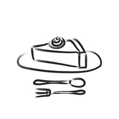 illustration of a piece of cake on a plate with a dessert spoon and fork