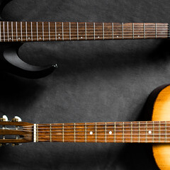 electric and classical guitars close-up. Musical concept. Copy space.	