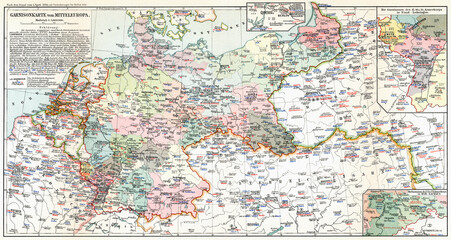 Map of the military garrisons of Central Europe (updated liner dated April 1914). Publication of the book "Meyers Konversations-Lexikon", Volume 2, Leipzig, Germany, 1910