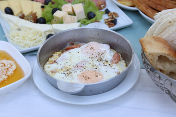 Organic, fresh traditional turkish village breakfast on wooden table